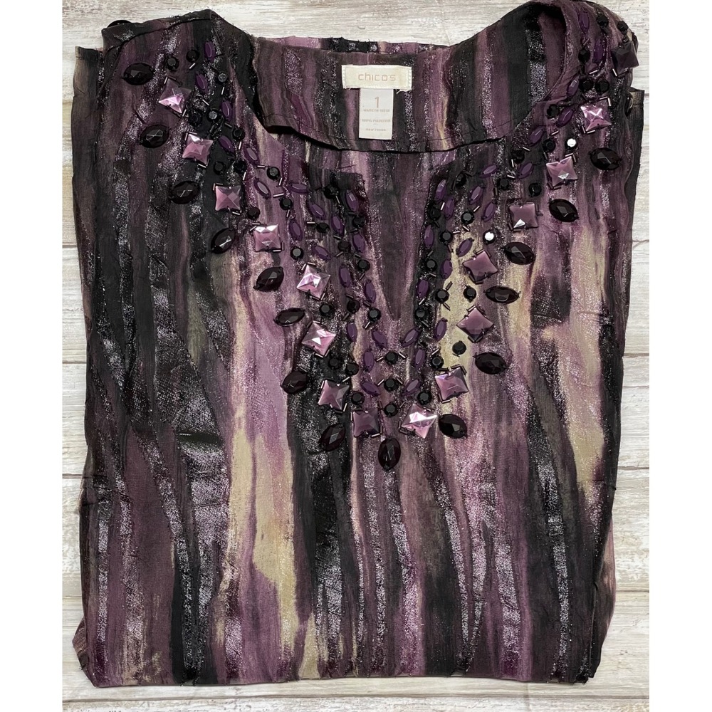 Chico's‎ Embellished Tunic Top Purple Black Sheer  Size 1(U.S. 8) long sleeve
